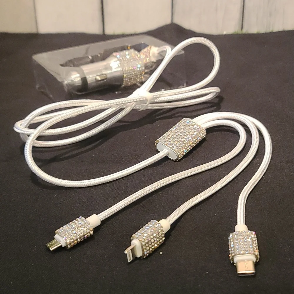 Cell Charger- 3 in 1charging, rhinestones white cables, extra car adapter incl